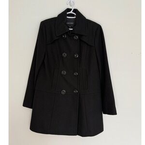Nine West Black Women's Double Breasted Pea Coat Wool Blend Size 12 Preppy Goth